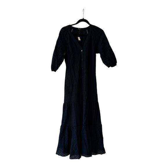 madewell tie-waist tiered midi dress in windowpane navy ns139 women size 0 - Picture 2 of 4